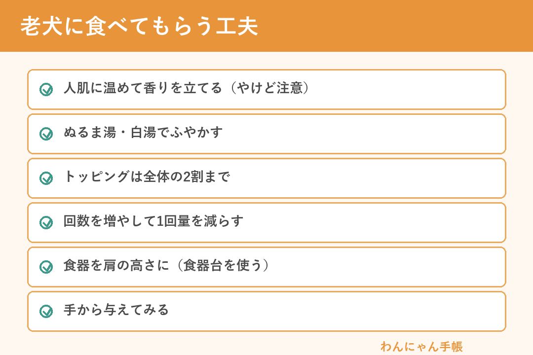 老犬に食べてもらう工夫（温める・ふやかす・トッピング・回数・食器の高さ・手から）