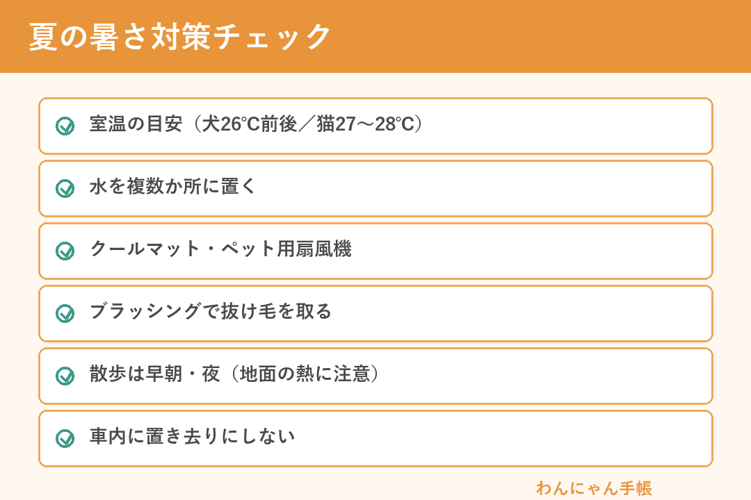 ペットの夏の暑さ対策チェック（室温・水・冷感グッズ・散歩）