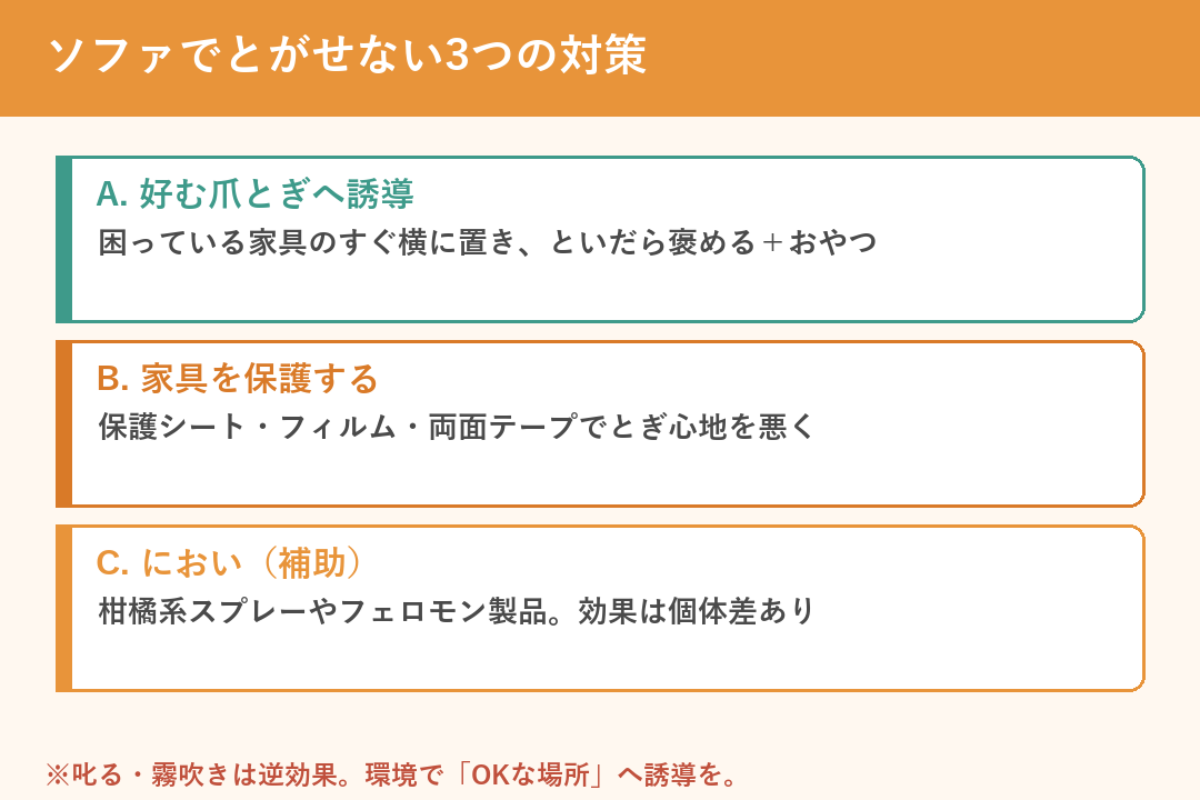 猫にソファで爪とぎさせない3つの対策