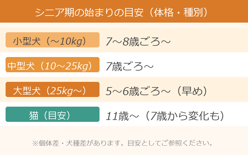 犬猫のシニア期開始年齢早見表
