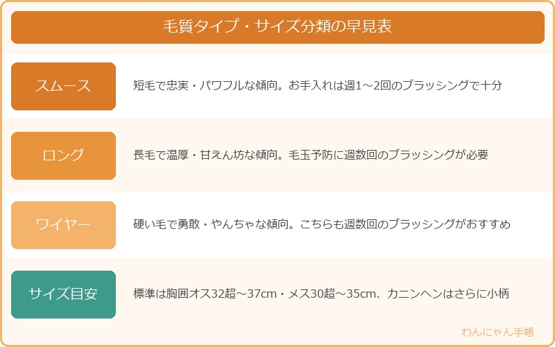 毛質タイプとサイズ分類の早見表