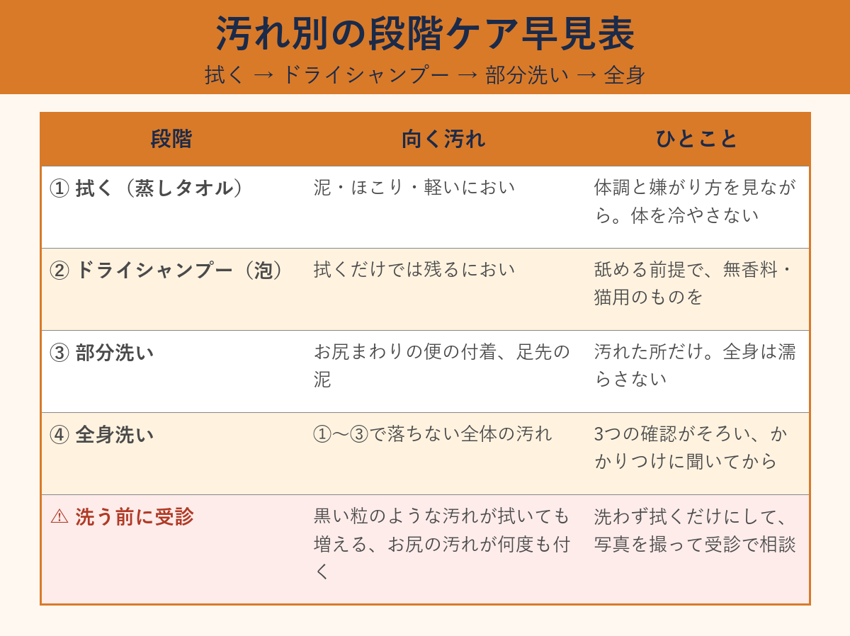 汚れ別の段階ケア早見表。蒸しタオルで拭く、ドライシャンプー、部分洗い、全身洗いの4段階と、黒い粒が拭いても増えるときは洗う前に受診