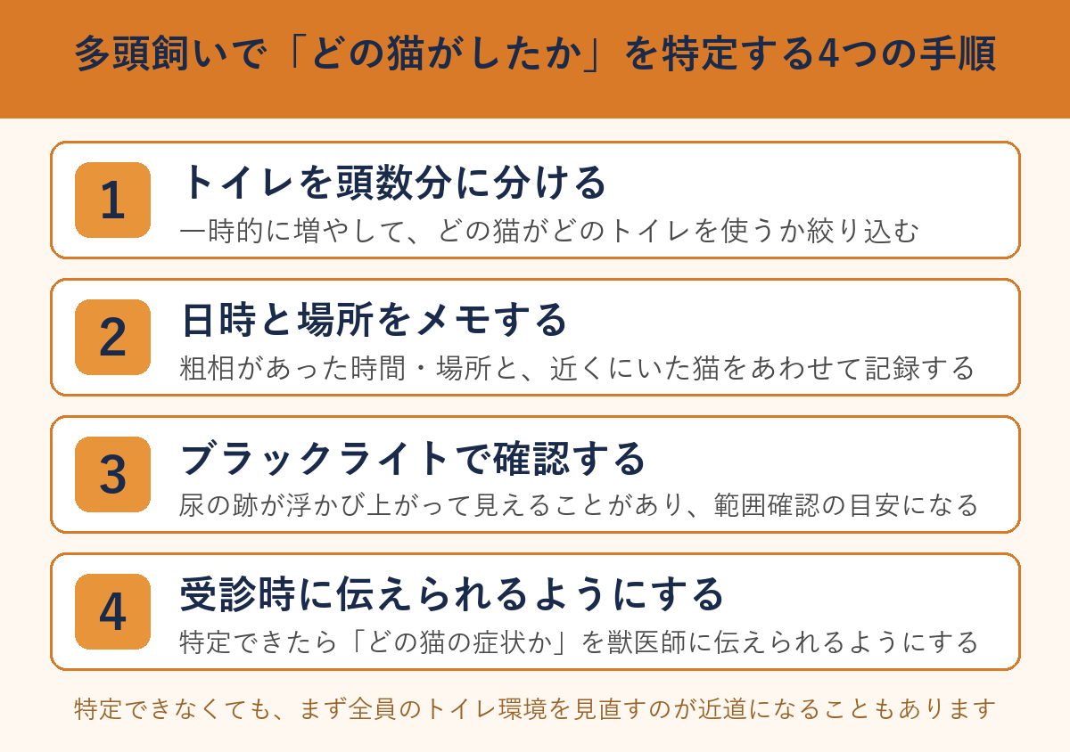 多頭飼いで粗相した猫を特定する4つの手順の図解