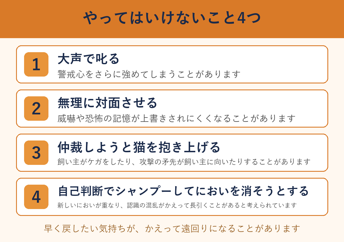 猫が急に威嚇し合うときにやってはいけないこと4つ。大声で叱る、無理に対面させる、抱き上げて仲裁する、自己判断でシャンプーする