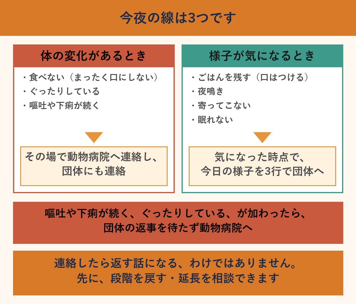 保護犬トライアルの今夜の線の振り分け図。体の変化があるときは動物病院と団体へ、様子が気になるときは今日の様子を3行で団体へ連絡する
