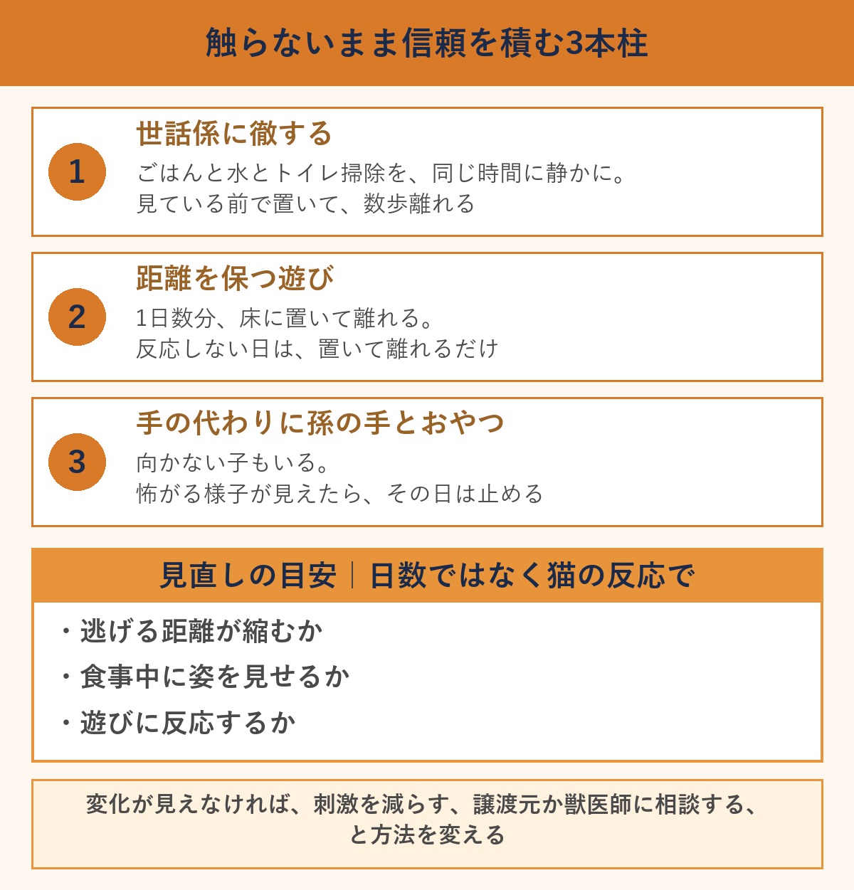 保護猫に触らないまま信頼を積む3本柱の図。世話係に徹する、距離を保つ遊び、手の代わりに孫の手とおやつ。見直しは逃げる距離が縮むか、食事中に姿を見せるか、遊びに反応するかの3つ